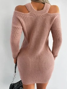 EURMUSE Cold Shoulder Ribbed Knit Jumper Dress - Dusty Pink - View 2