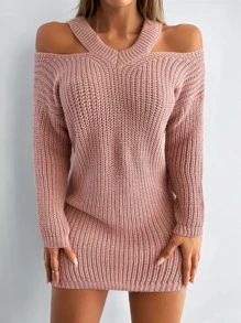 EURMUSE Cold Shoulder Ribbed Knit Jumper Dress - Dusty Pink - View 3