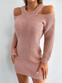 EURMUSE Cold Shoulder Ribbed Knit Jumper Dress - Dusty Pink - View 4