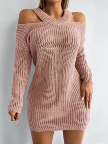 EURMUSE Cold Shoulder Ribbed Knit Jumper Dress - Dusty Pink - View 5