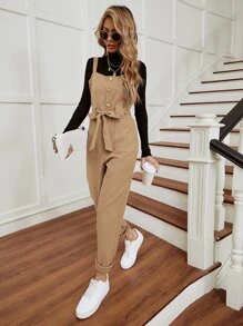 Button And Pocket Front Belted Pinafore Jumpsuit - Khaki - View 5