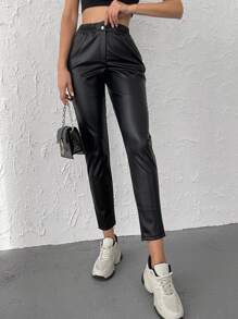 RueChic Elastic Waist PU Tapered Pants - Black - View 1