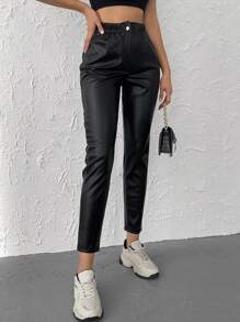 RueChic Elastic Waist PU Tapered Pants - Black - View 4