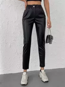 RueChic Elastic Waist PU Tapered Pants - Black - View 5