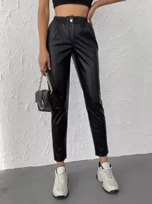 RueChic Elastic Waist PU Tapered Pants - Black - View 6