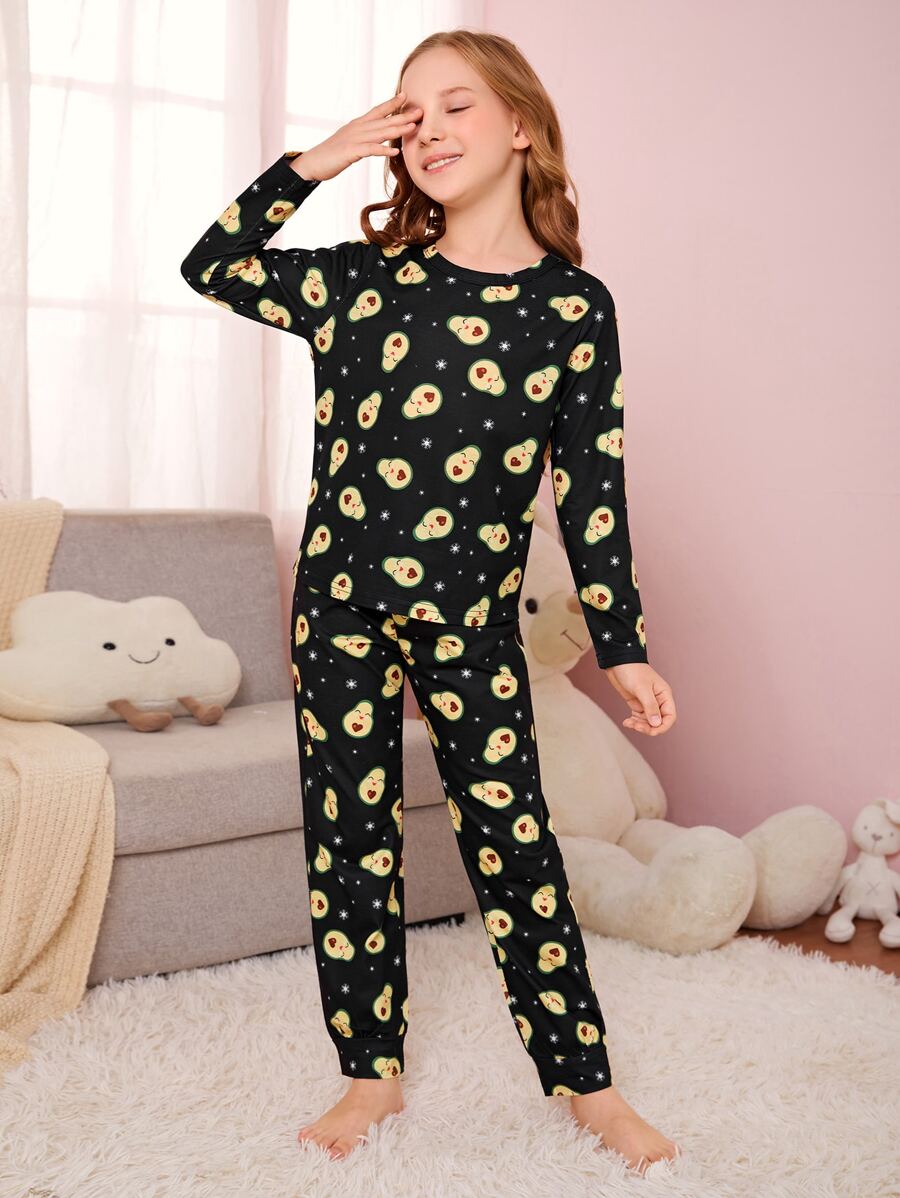 Niñas Conjunto de pijama con estampado de dibujos animados - Negro - Ver 1