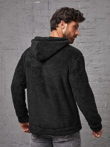 Manfinity Men Mountain Embroidery Kangaroo Pocket Drawstring Teddy Hoodie - Black - View 2