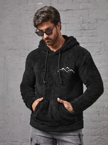 Manfinity Men Mountain Embroidery Kangaroo Pocket Drawstring Teddy Hoodie - Black - View 3