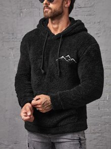 Manfinity Men Mountain Embroidery Kangaroo Pocket Drawstring Teddy Hoodie - Black - View 4
