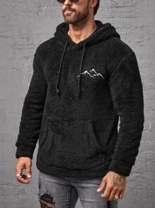 Manfinity Men Mountain Embroidery Kangaroo Pocket Drawstring Teddy Hoodie - Black - View 5
