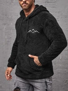 Manfinity Men Mountain Embroidery Kangaroo Pocket Drawstring Teddy Hoodie - Black - View 6