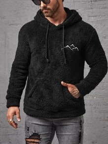 Manfinity Men Mountain Embroidery Kangaroo Pocket Drawstring Teddy Hoodie - Black - View 7