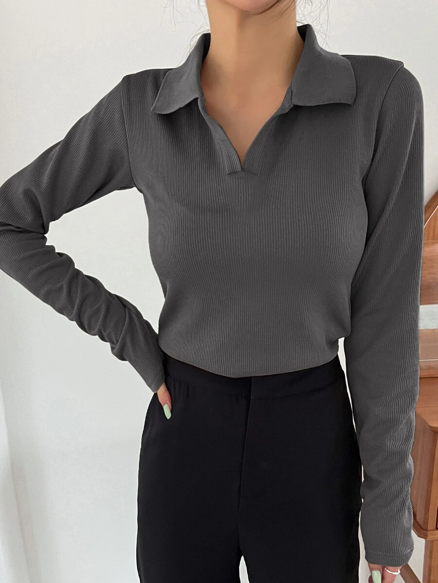 DAZY Áo thun dệt kim gân màu trơn mặc hàng ngày cho nữ, quần áo mùa thu dài tay cho nữ - Màu xám đen - Xem 1