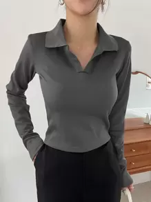 DAZY Áo thun dệt kim gân màu trơn mặc hàng ngày cho nữ, quần áo mùa thu dài tay cho nữ - Màu xám đen - Xem 3
