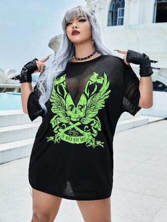 Camiseta de hombros caídos estampado de ala & cráneo de malla