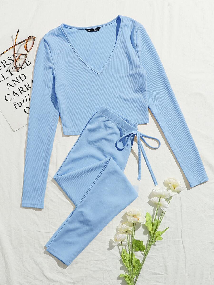 Muchica V-neck Rib-knit Solid Tee and Knotted Waist Leggings Set - Baby Blue - View 1