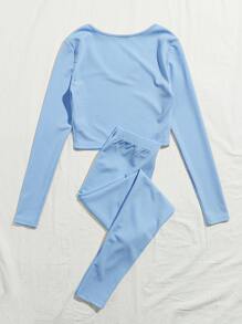 Muchica V-neck Rib-knit Solid Tee and Knotted Waist Leggings Set - Baby Blue - View 2