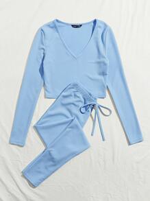 Muchica V-neck Rib-knit Solid Tee and Knotted Waist Leggings Set - Baby Blue - View 3