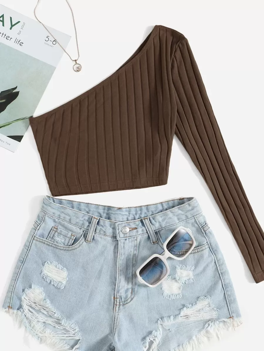 SHEIN EZwear Top corto de un hombro tejido de canalé - Café integral - Ver 1