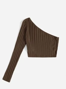 SHEIN EZwear Top corto de un hombro tejido de canalé - Café integral - Ver 2