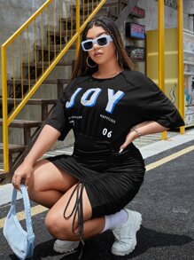 SHEIN EZwear Plus Letter Graphic Drop Shoulder Drawstring Ruched Side Fitted Dress