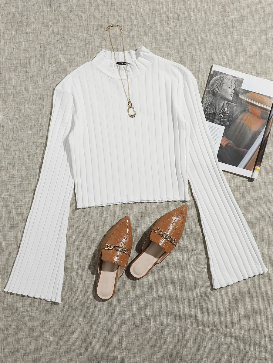 SHEIN EZwear 生菜邊荷葉邊袖T恤 - 白色 - 查看 1