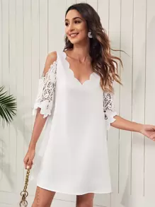 SHEIN Clasi Cold Shoulder Guipure Lace Sleeve Scallop Trim Neck Dress - White - View 1