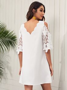 SHEIN Clasi Cold Shoulder Guipure Lace Sleeve Scallop Trim Neck Dress - White - View 2