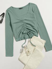SHEIN Qutie Camiseta tejida de canalé con cordón delantero - verde menta - Ver 1