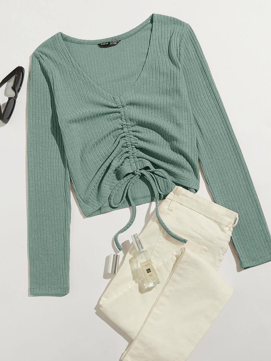 SHEIN Qutie Camiseta tejida de canalé con cordón delantero - verde menta - Ver 1