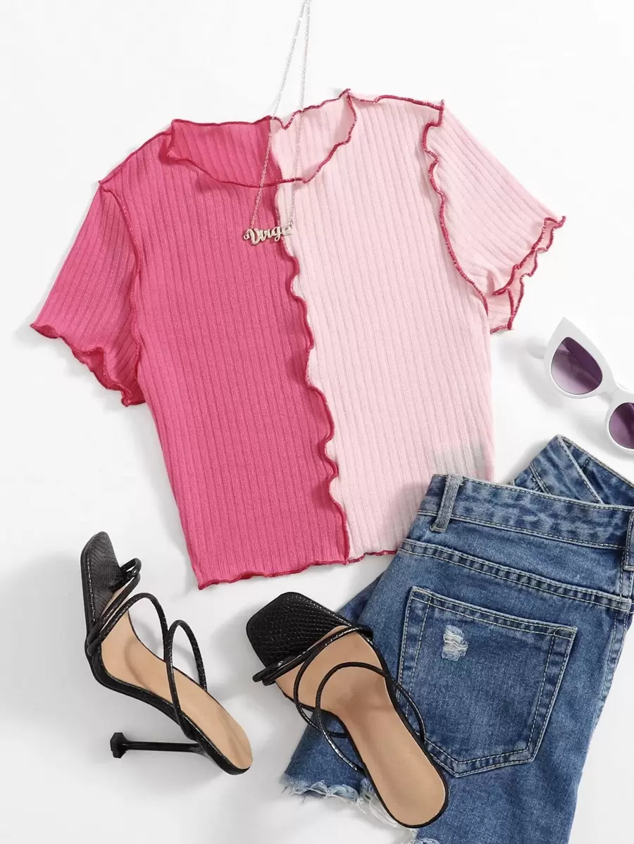 SHEIN Qutie 拼接車縫拼色上衣 - 粉色 - 查看 1