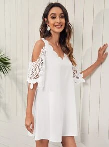 SHEIN Clasi Cold Shoulder Guipure Lace Sleeve Scallop Trim Neck Dress - White - View 4