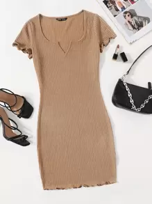 Muchica 西裝領小褶邊羅紋針織包臀連衣裙 - 卡其色 - 查看 1