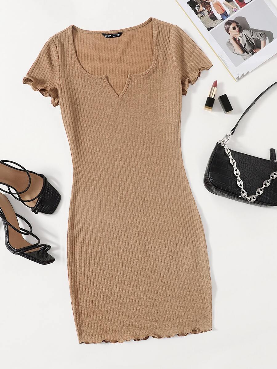 Muchica 西裝領小褶邊羅紋針織包臀連衣裙 - 卡其色 - 查看 1