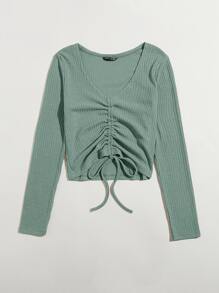 SHEIN Qutie Camiseta tejida de canalé con cordón delantero - verde menta - Ver 3