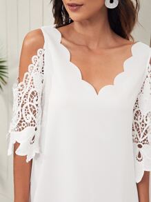 SHEIN Clasi Cold Shoulder Guipure Lace Sleeve Scallop Trim Neck Dress - White - View 5