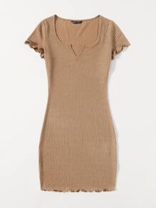 Muchica 西裝領小褶邊羅紋針織包臀連衣裙 - 卡其色 - 查看 3