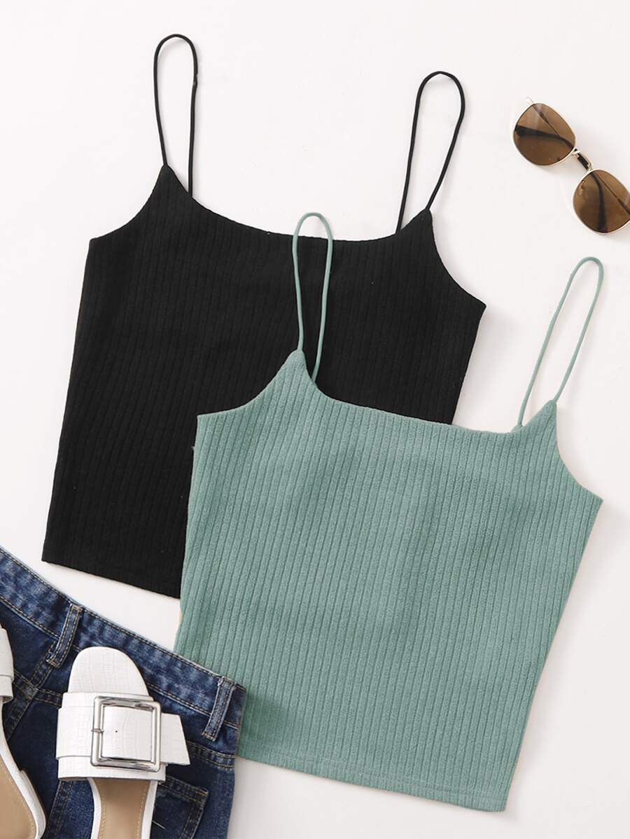 SHEIN Essnce 2 Packs Rib-Knit Cami Top - Multicolor - View 1