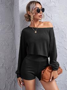 SHEIN Essnce Drop Shoulder Rib-knit Crop Top & Wide Waistband Shorts Set - Black - View 1