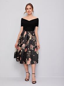 SHEIN Clasi Vestido floral fruncido cruzado de hombros descubiertos - Negro - Ver 4