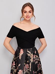 SHEIN Clasi Vestido floral fruncido cruzado de hombros descubiertos - Negro - Ver 5