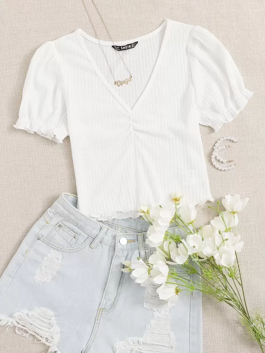 SHEIN Qutie Lettuce Trim Ruched Front Rib-knit Top - White - View 1