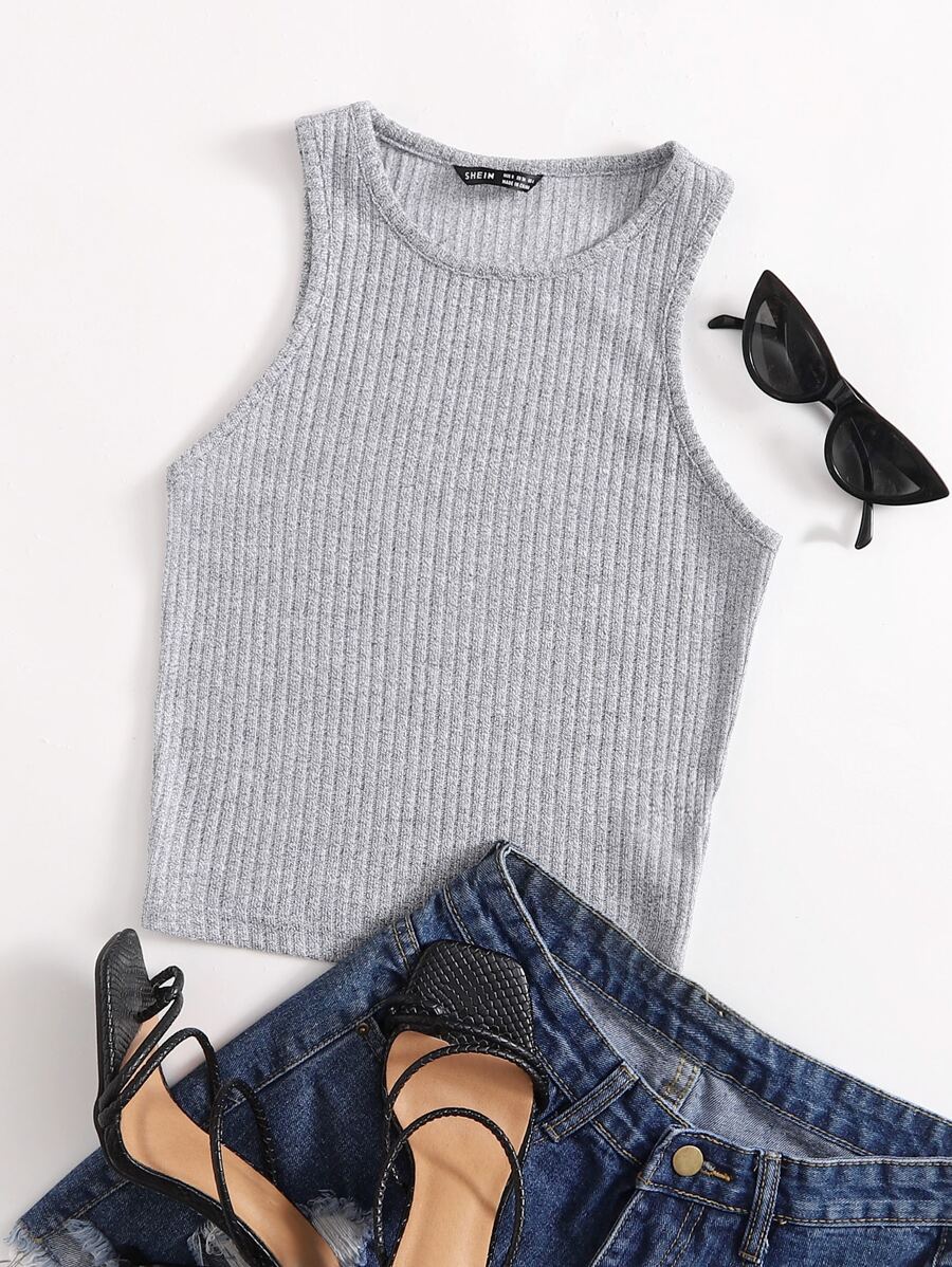 SHEIN EZwear Solid Rib-knit Tank Top - Grey - View 1