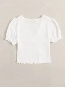 SHEIN Qutie Lettuce Trim Ruched Front Rib-knit Top - White - View 2