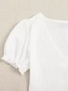 SHEIN Qutie Lettuce Trim Ruched Front Rib-knit Top - White - View 3