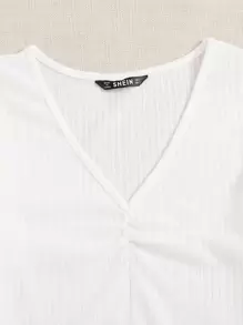 SHEIN Qutie Lettuce Trim Ruched Front Rib-knit Top - White - View 4