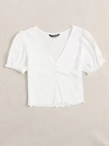 SHEIN Qutie Lettuce Trim Ruched Front Rib-knit Top - White - View 5