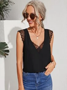SHEIN Top tank ribete con encaje - Negro - Ver 1
