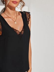 SHEIN Top tank ribete con encaje - Negro - Ver 3