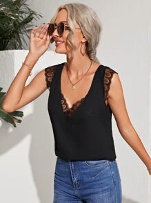 SHEIN Top tank ribete con encaje - Negro - Ver 4